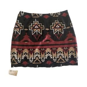 bobi Black Sequin Mini Skirt Tribal Geometric Black Red Gold Women XS